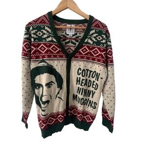 Elf Movie Cardigan Sweater Mens Medium Green Red Excellent Ninny Muggins Knit